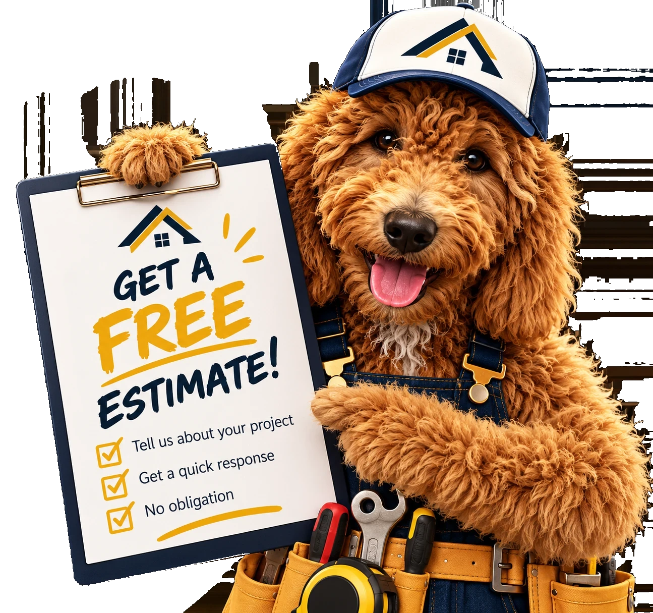 The Ambrocini Construction mascot, a smiling doodle in an Ambrocini cap, overalls and tool belt, holding a clipboard that reads “Get a free estimate! Tell us about your project. Get a quick response. No obligation.”